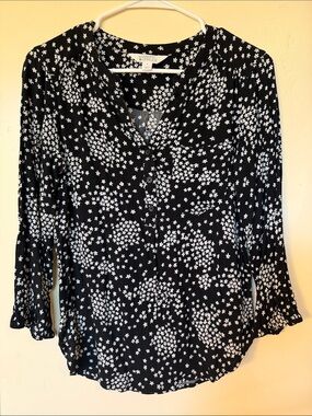 Market & Spruce Black Floral Dot Henley Blouse